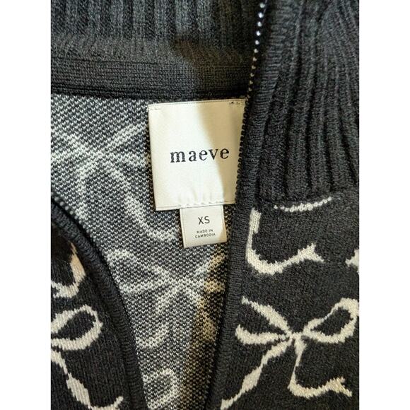Maeve by Anthropologie Sweater Women XS Black White Bows Print Knit Half Zip NWT - Picture 3 of 4